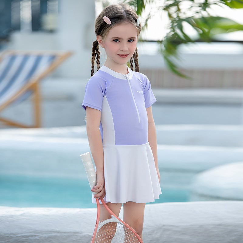 Contrast Color Kidsren'S Swimsuit, Cute Girl'S One-Piece Skirt Style, Conservative Small And Medium-Sized Girl'S Baby, Infant Girl'S Swimsuit - Image 4